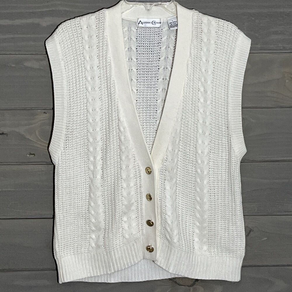 Vintage Alison Craig Cable Knit Sweater Vest Womens L Ivory Preppy Academia